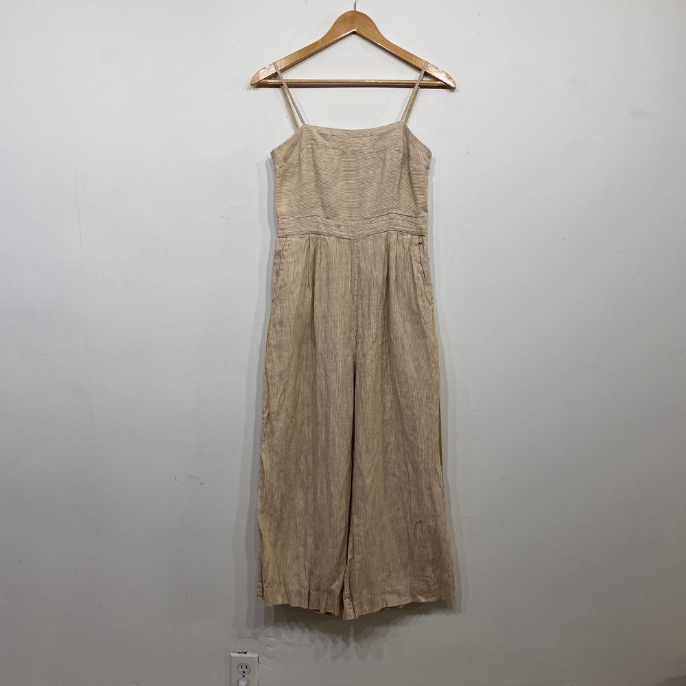 J.Crew Striped Linen Wide Leg‎ Jumpsuit Tan White Striped Spaghetti Strap US 4